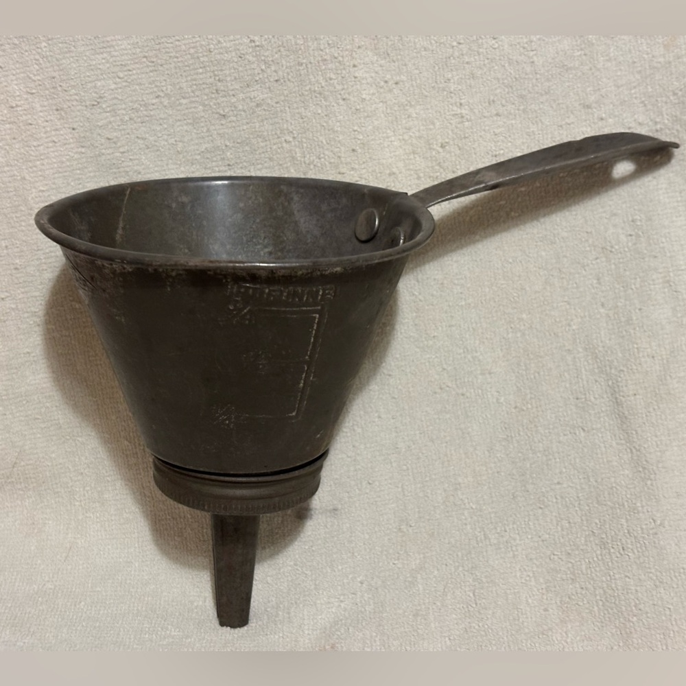 Vintage NESCO 3 Piece Metal Funnel with Handle. Used.